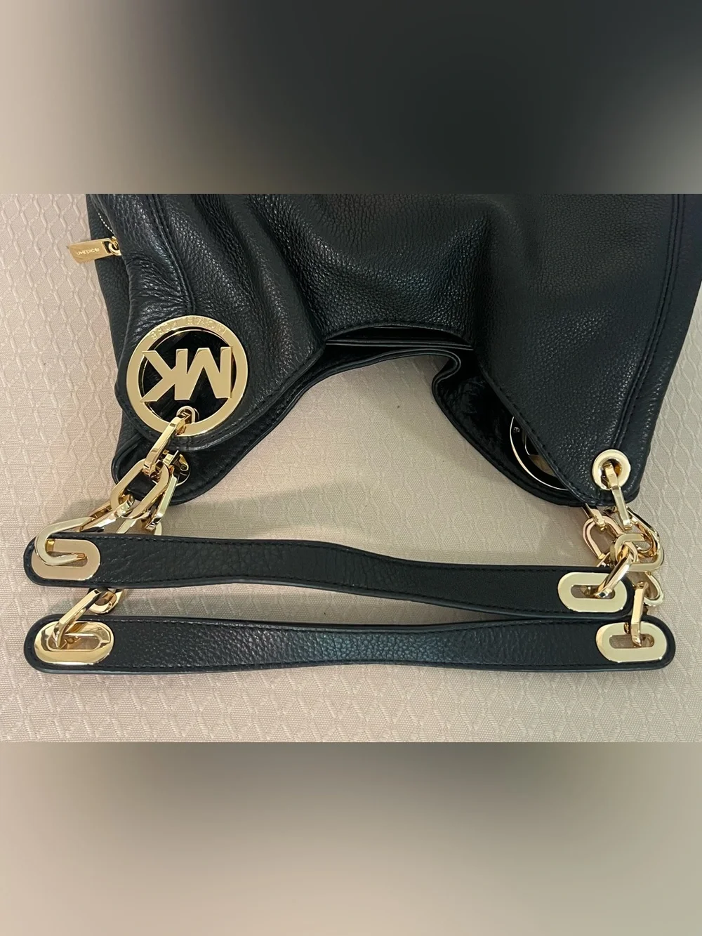 Michael Kors Black Pebbled Leather Fulton Hobo Shoulder Bag with Gold Hardware